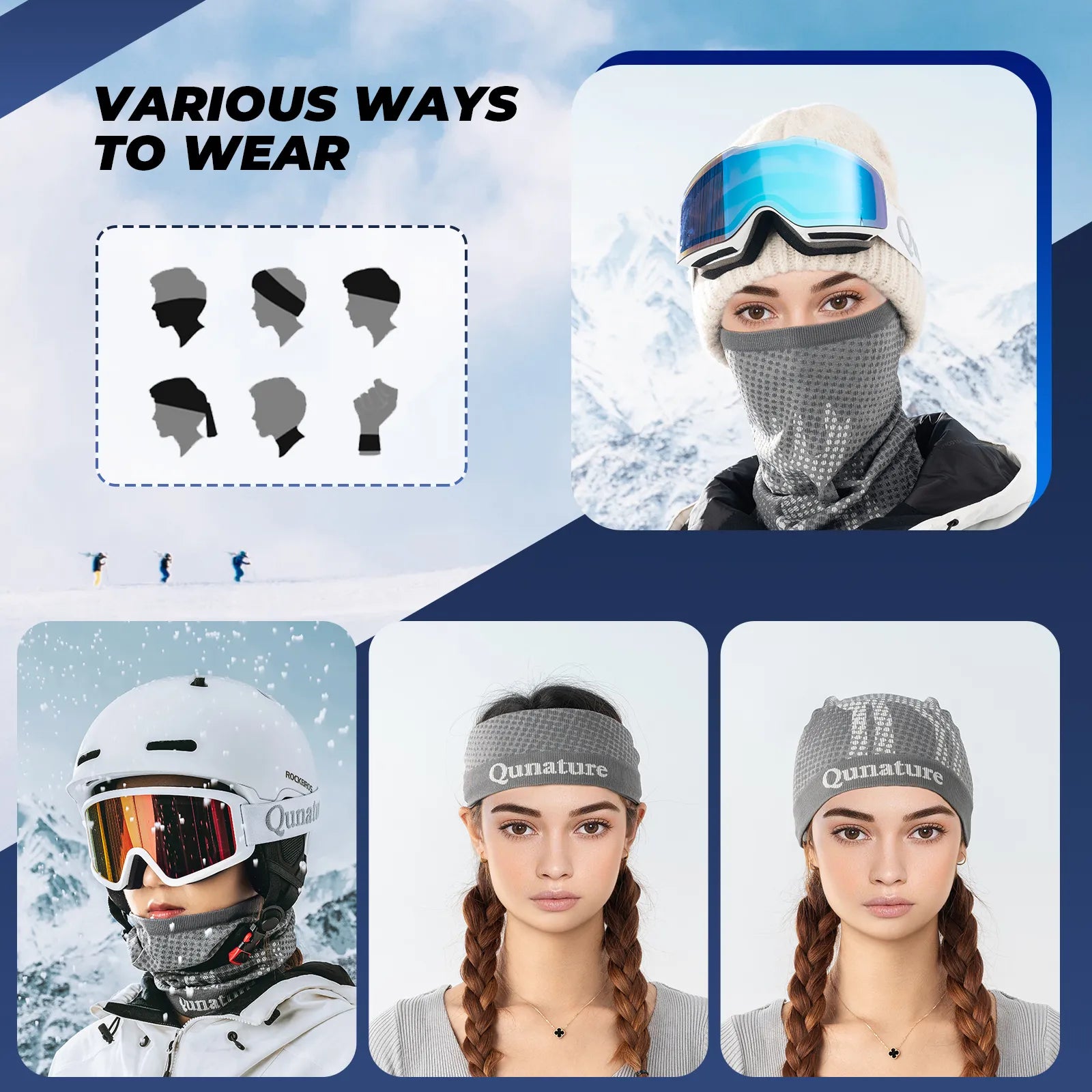 Display of a face mask and goggles with various wearing methods and brand name 'Qunature' on a snowy background.