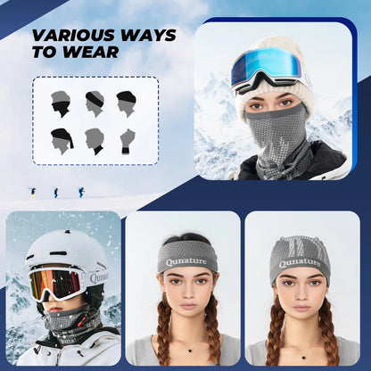 Display of a face mask and goggles with various wearing methods and brand name 'Qunature' on a snowy background.