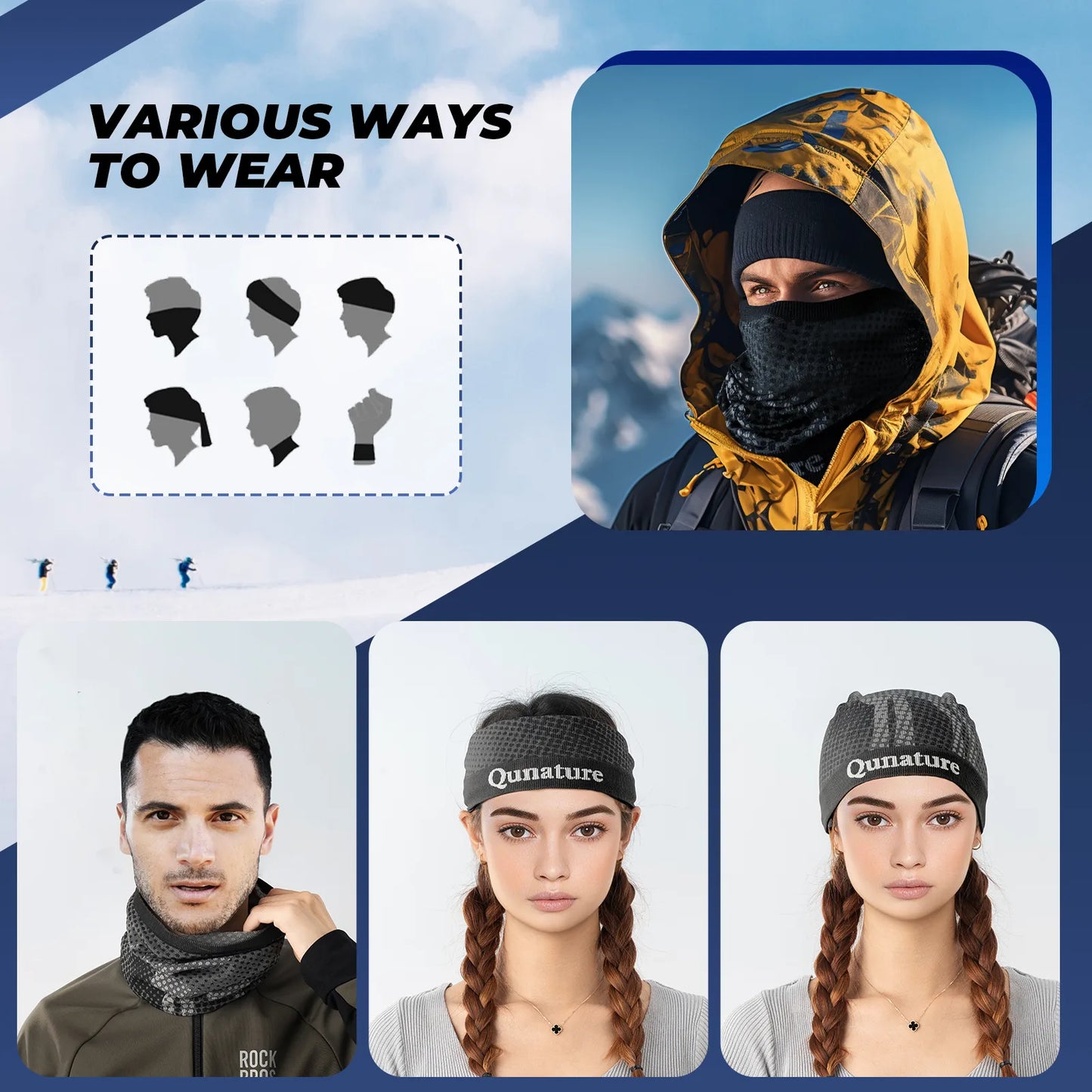 Scarf and headwear display with 'Various Ways to Wear' text and product images.