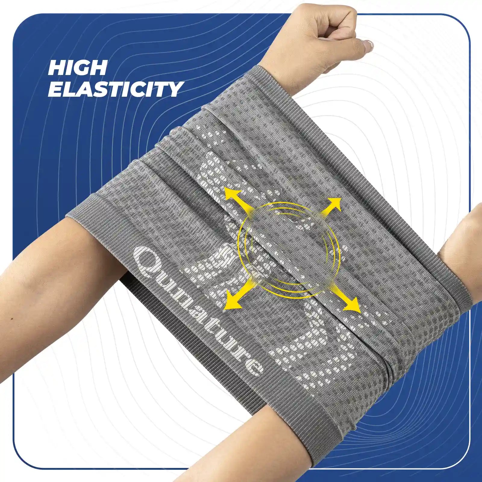 Gray elastic bandage on a person's arm with 'Qunature' branding and text highlighting high elasticity.