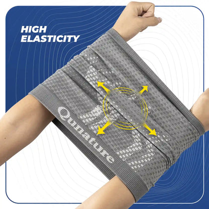 Gray elastic bandage on a person's arm with 'Qunature' branding and text highlighting high elasticity.