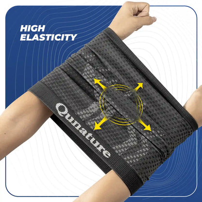 Black elastic bandage with 'Qunature' branding on a blue background