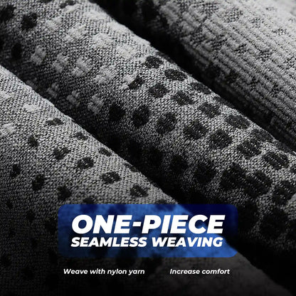 Gray textured fabric with 'One-Piece Seamless Weaving' text overlay