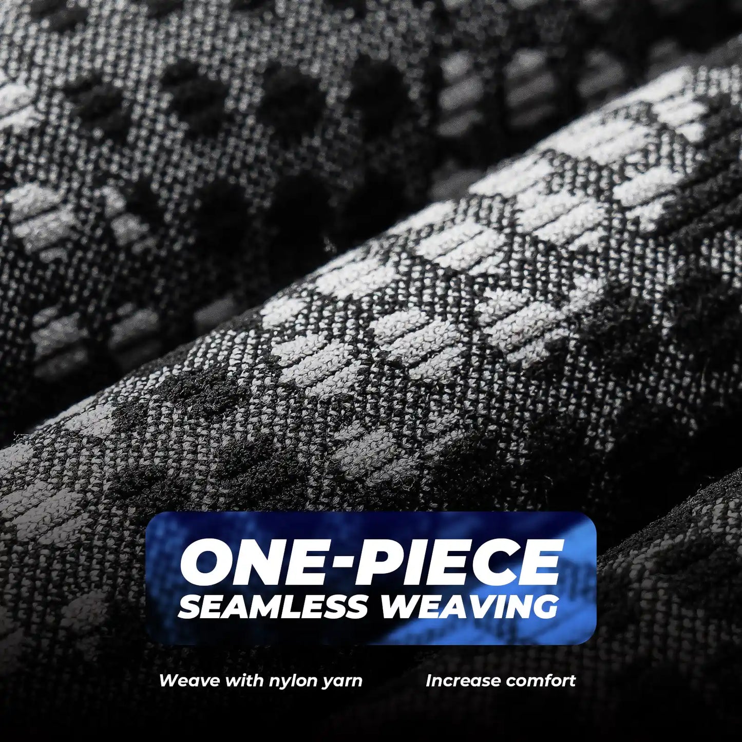 Close-up of black and gray fabric with 'One-Piece Seamless Weaving' text overlay.