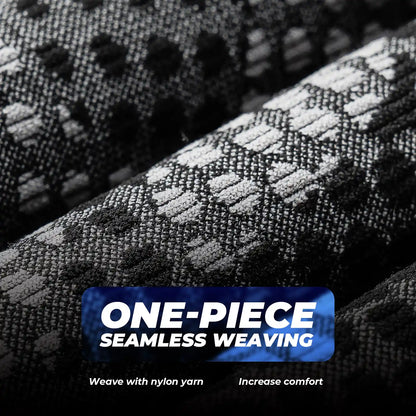 Close-up of black and gray fabric with 'One-Piece Seamless Weaving' text overlay.