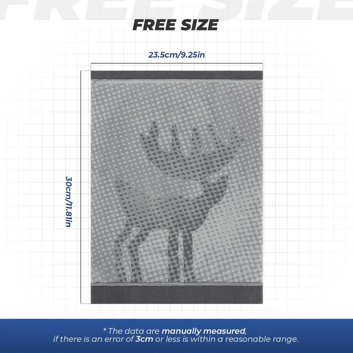 Measurement chart with grid lines and text indicating dimensions, featuring a deer illustration.