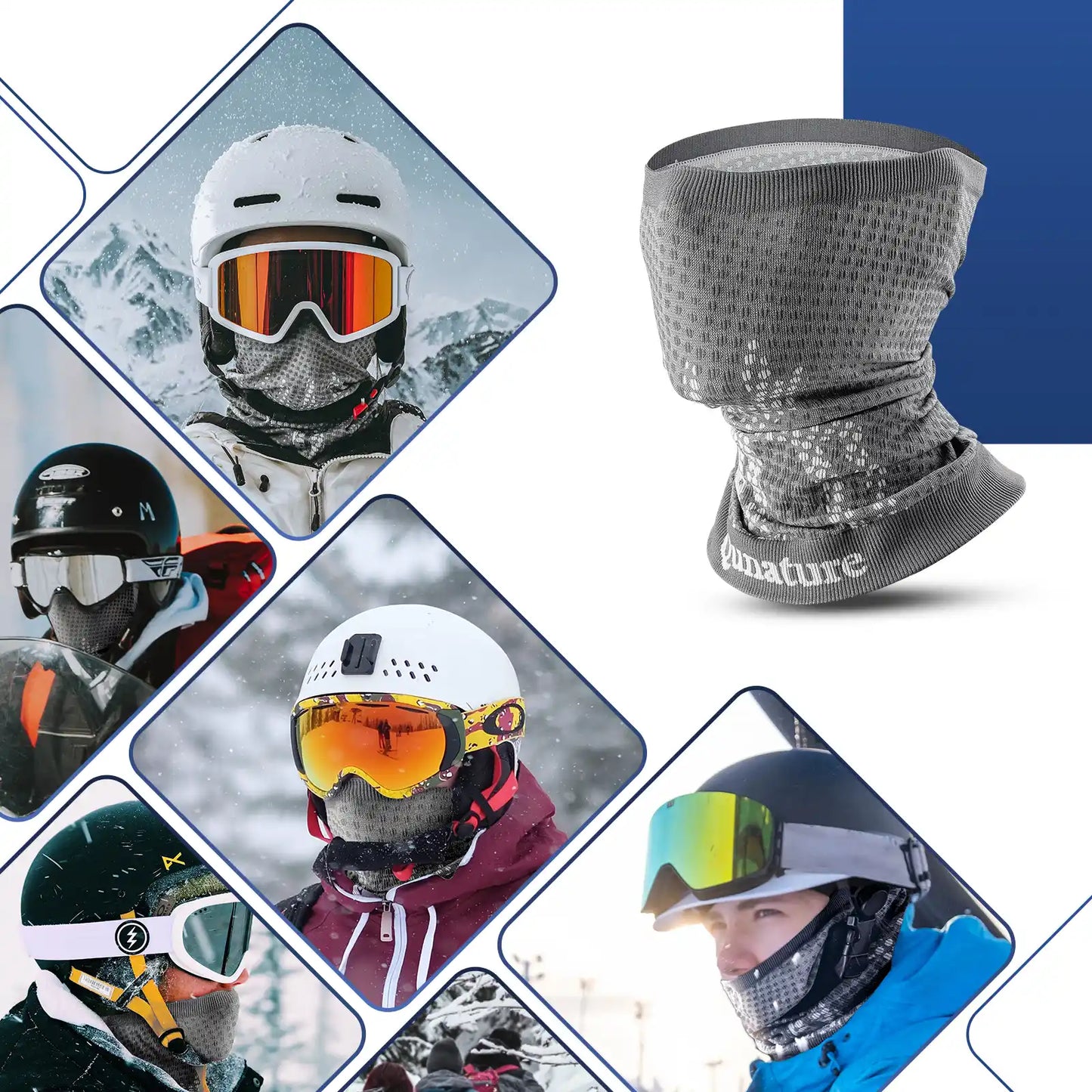 Collage of people wearing ski gear with a focus on helmets and goggles, including a branded neck gaiter.