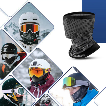 Collage of people wearing ski goggles and helmets with a black patterned neck gaiter in the center.