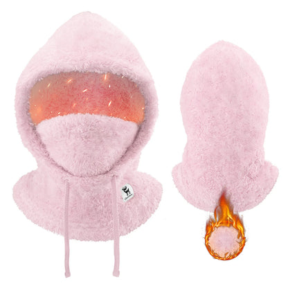 Pink fleece hood with a brand logo on a white background