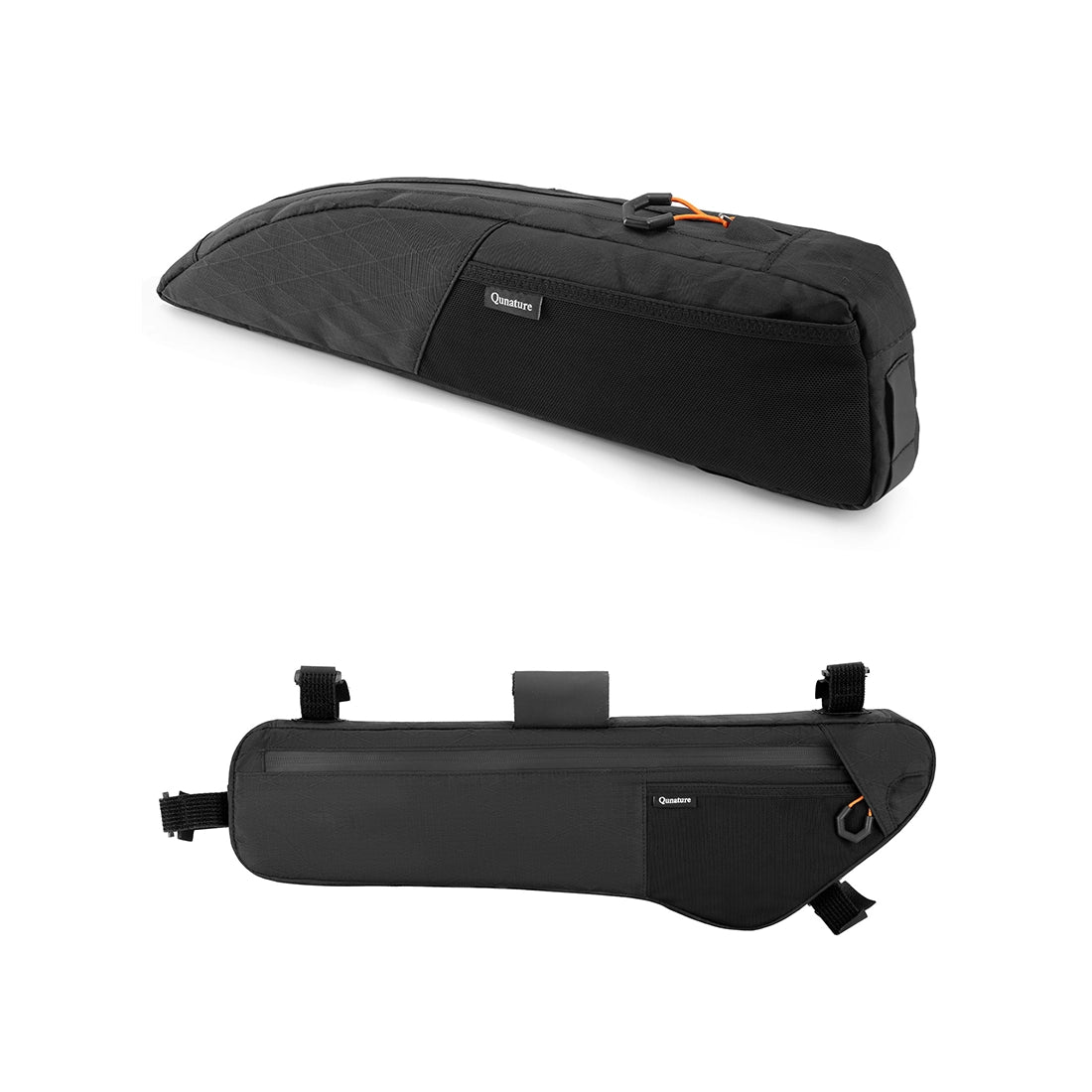 Two black bike bags with Quasar branding on a white background