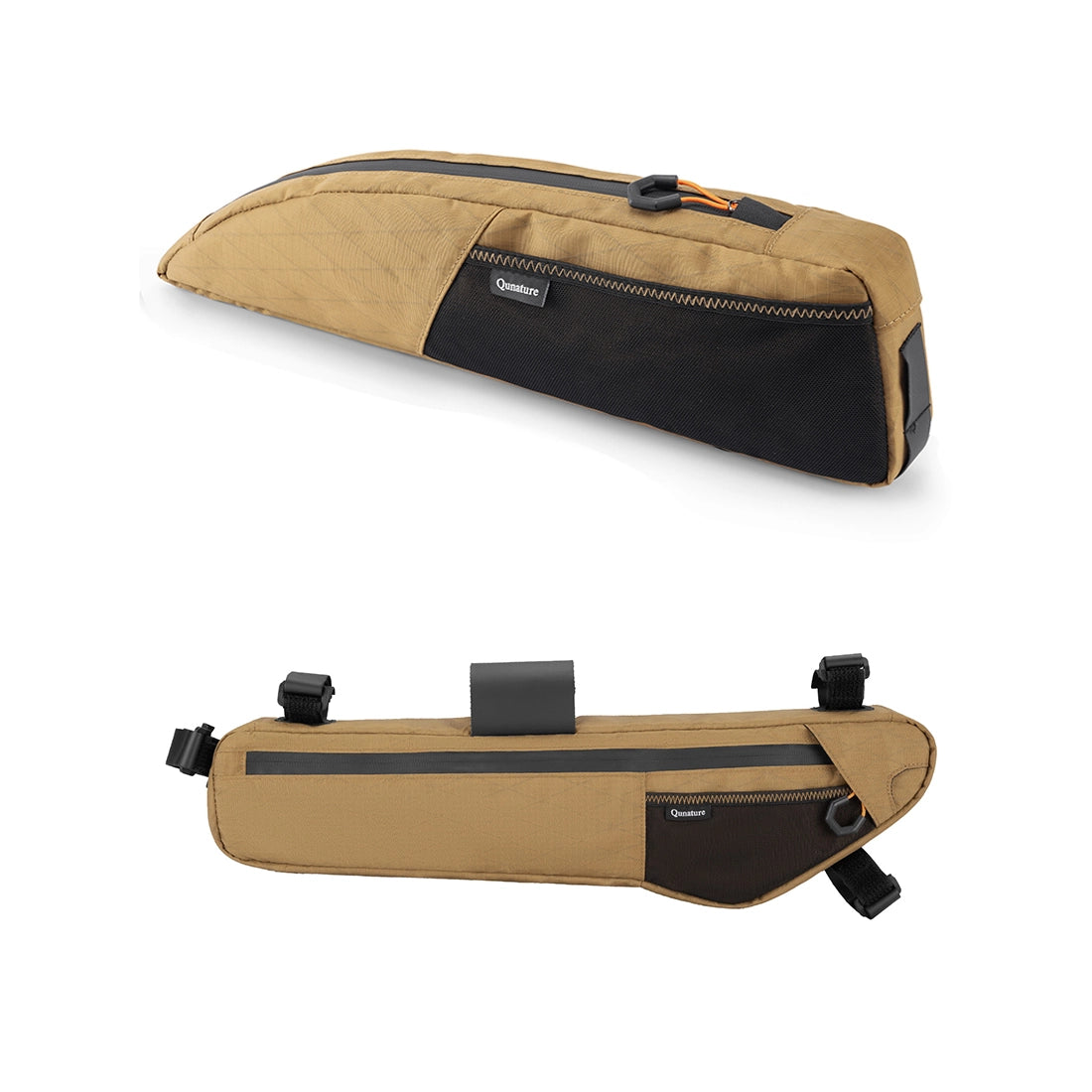 Two views of a tan and black bikepacking bag with Qunature logo on a white background