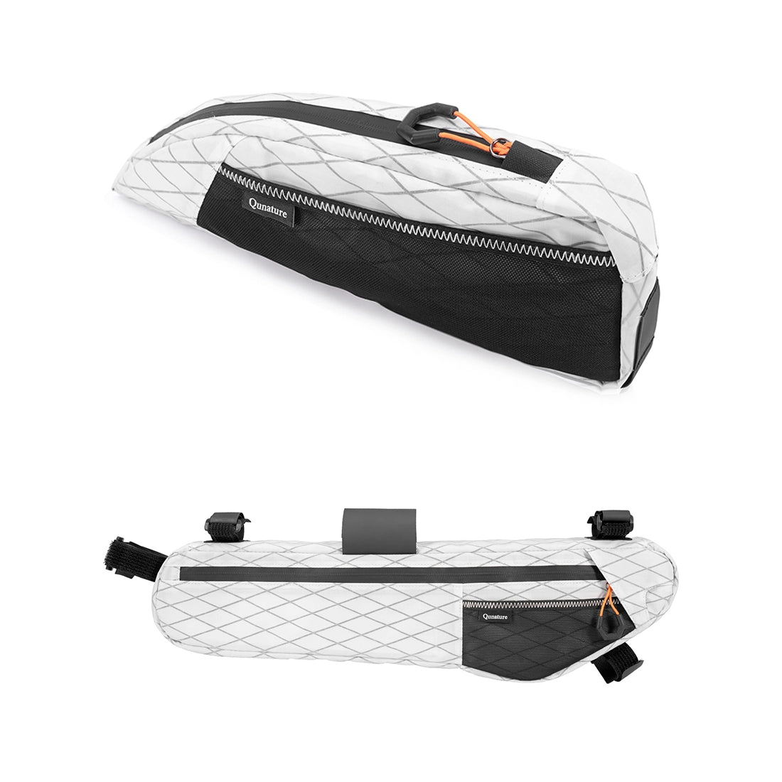 White and black bag with geometric pattern and 'Qunature' branding on a white background