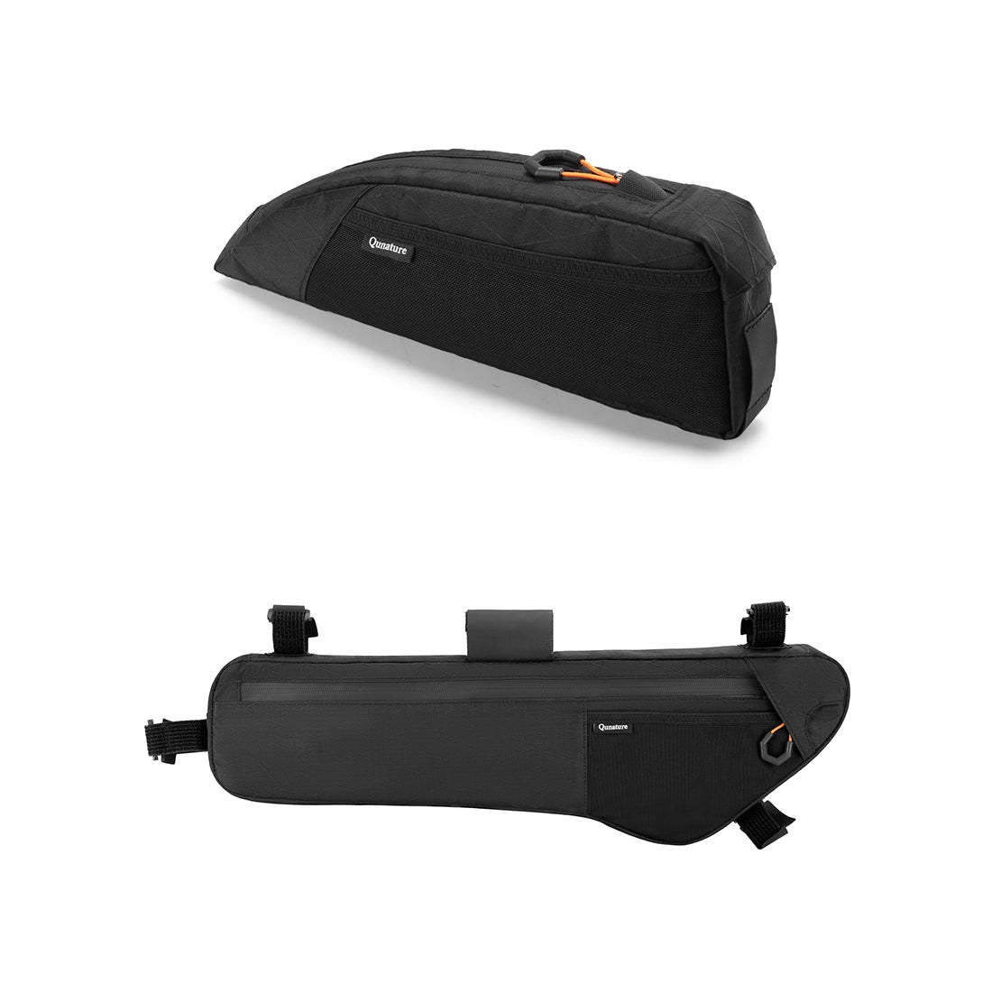 Two black bike bags with orange accents on a white background