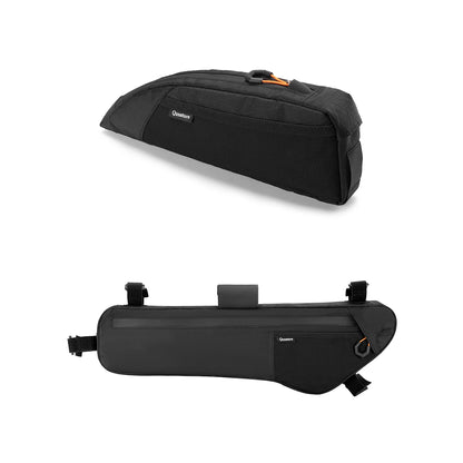 Two black bike bags with orange accents on a white background