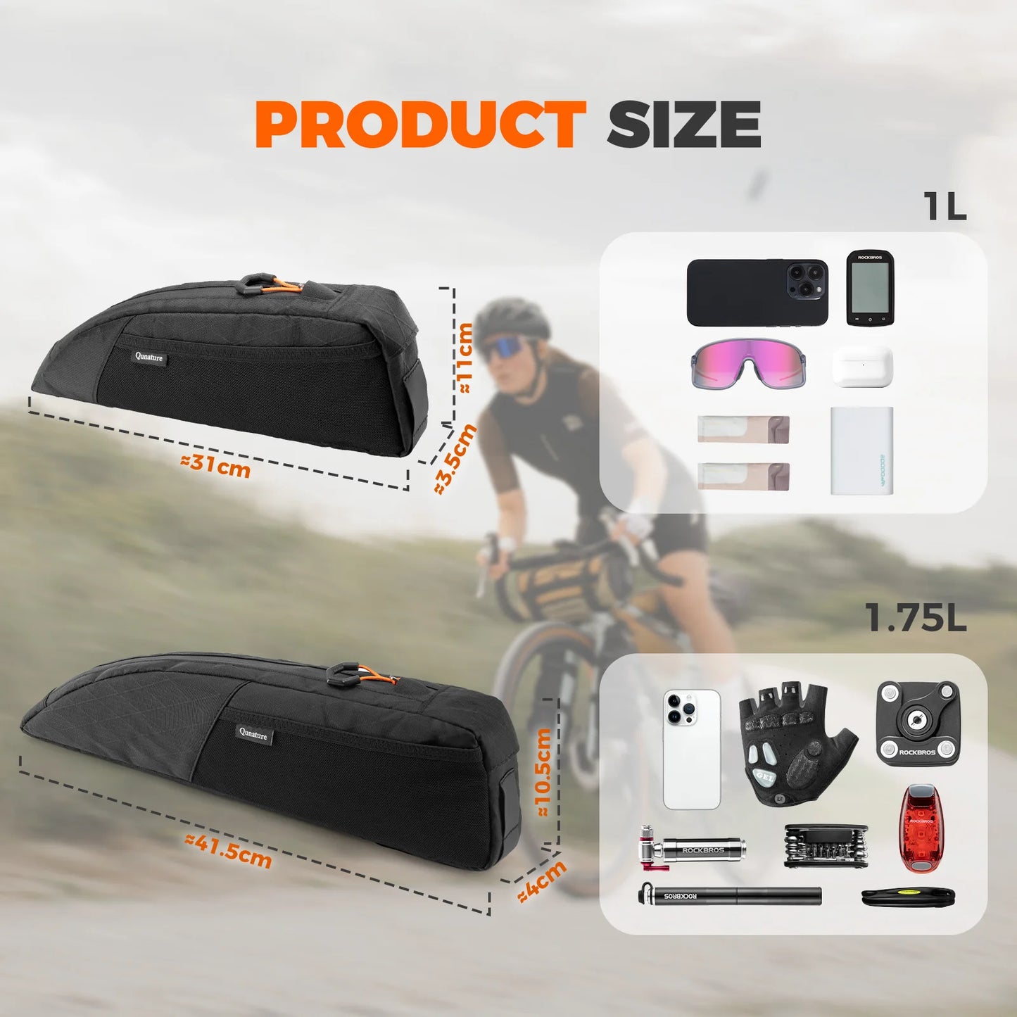 Black bike luggage bag with product size information and cyclist in the background