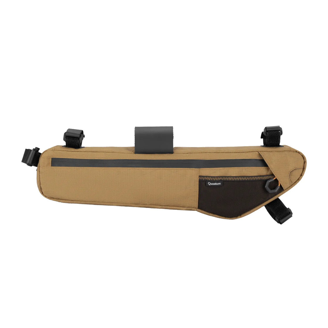 A Khaki down tube bike bag with lots of storage space