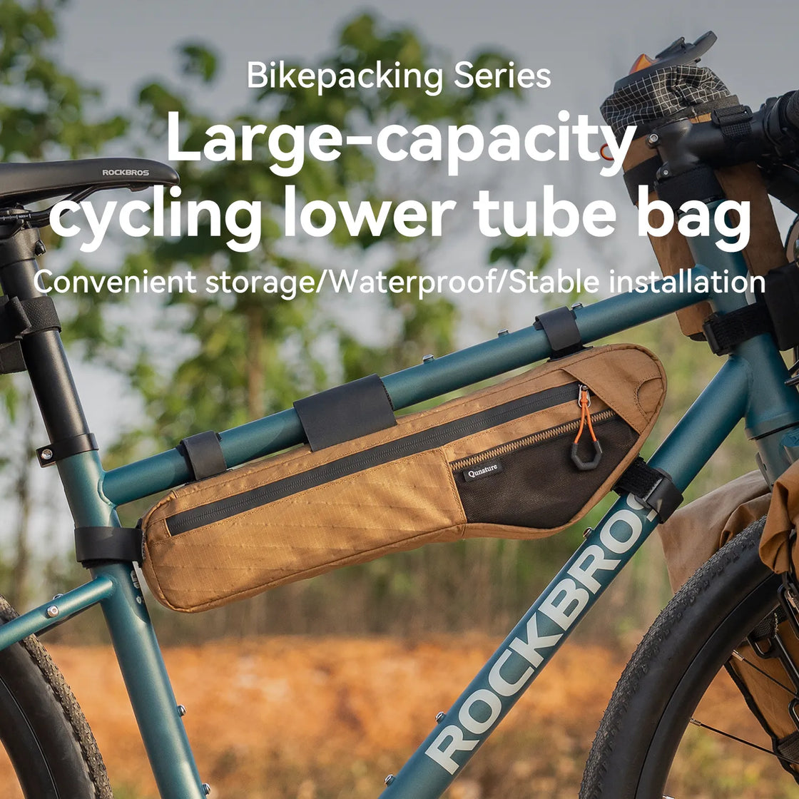 A large capacity down tube bike bag is mounted on a blue bicycle outdoors