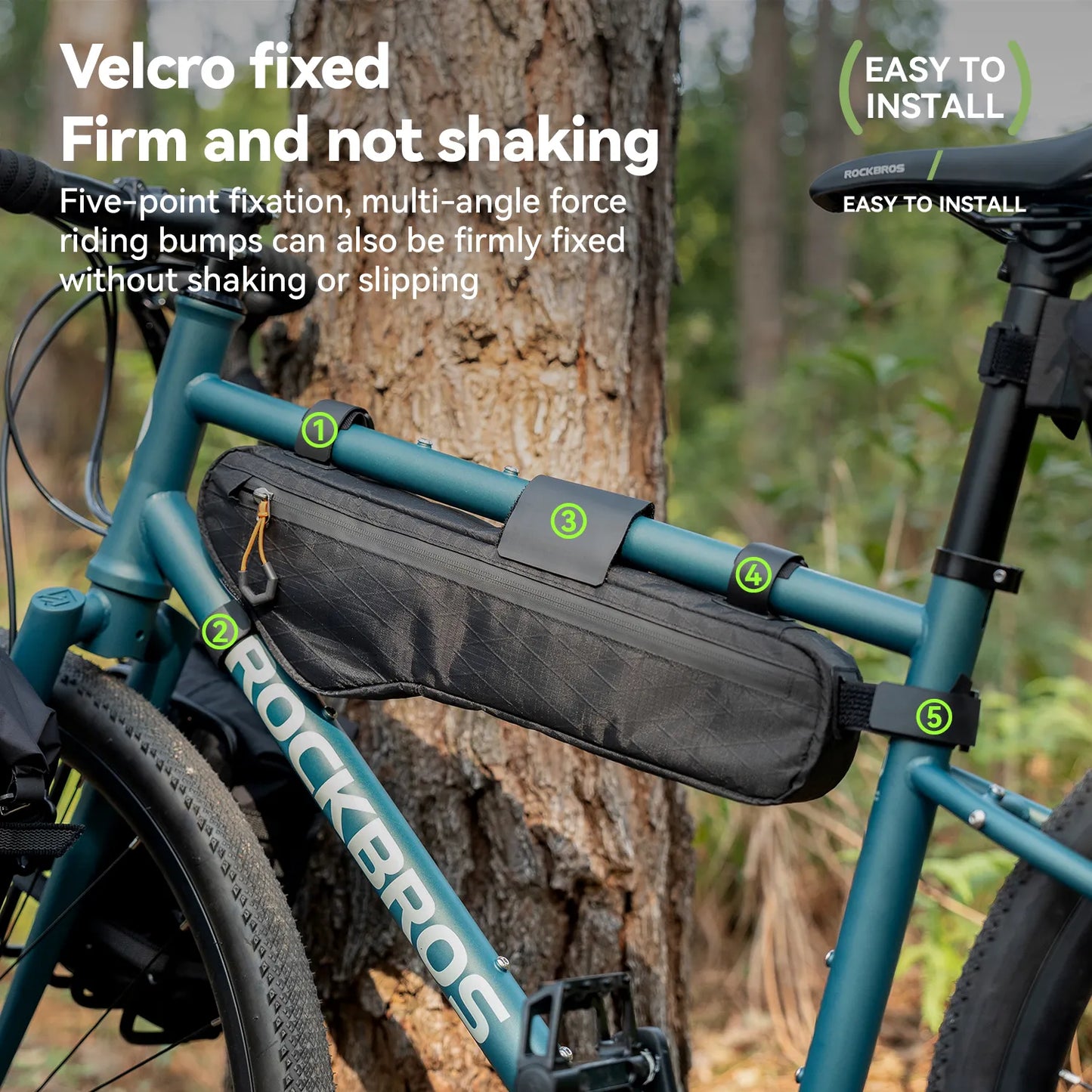 A large capacity down tube bike bag is securely mounted on a blue bicycle outdoors