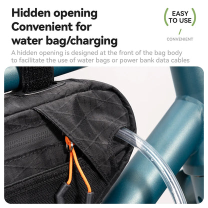 A large capacity down tube bike bag with a water bag tube inserted