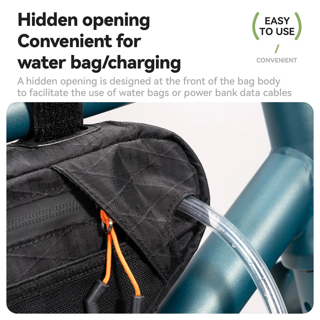 A large capacity down tube bike bag with a water bag tube inserted