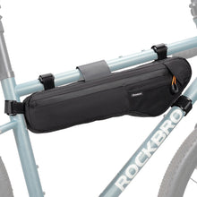 A black down tube bike bag with lots of storage space