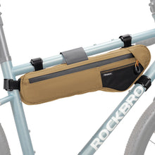 A Khaki down tube bike bag with lots of storage space