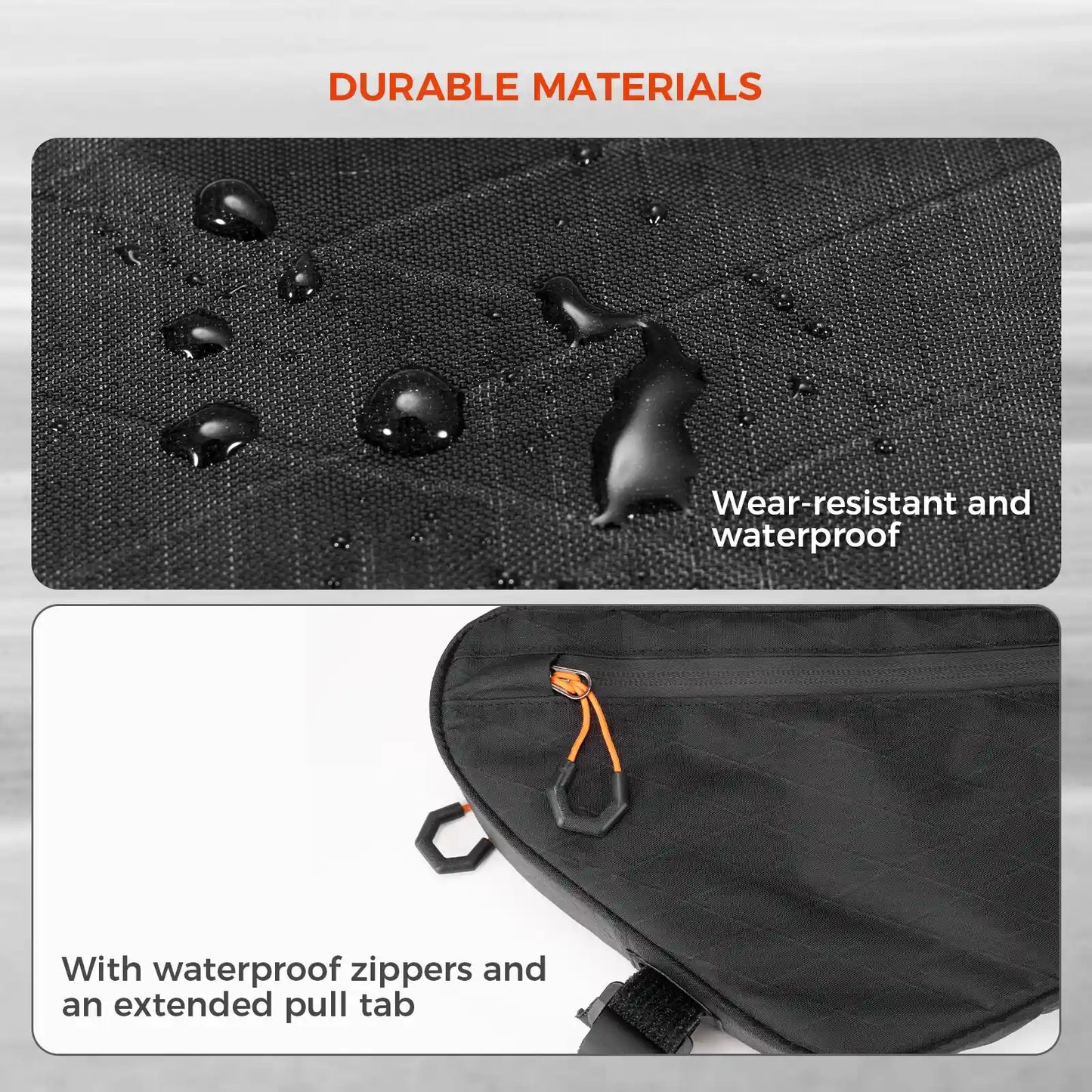Black durable material with water droplets and a bag showing water resistance features.
