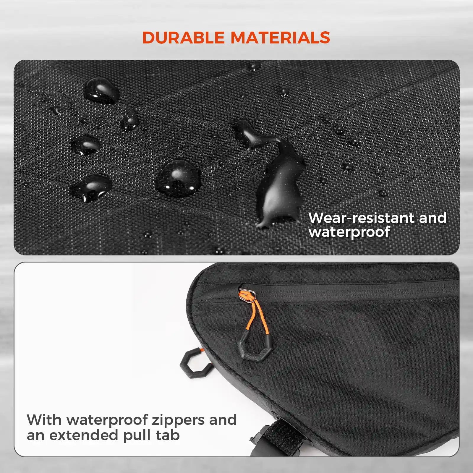 Black durable material with water droplets and a bag showing water resistance features.