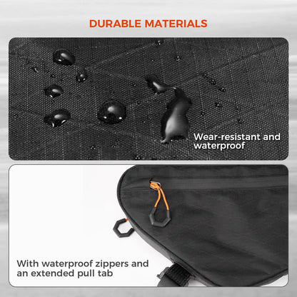 Black durable material with water droplets and a bag showing water resistance features.
