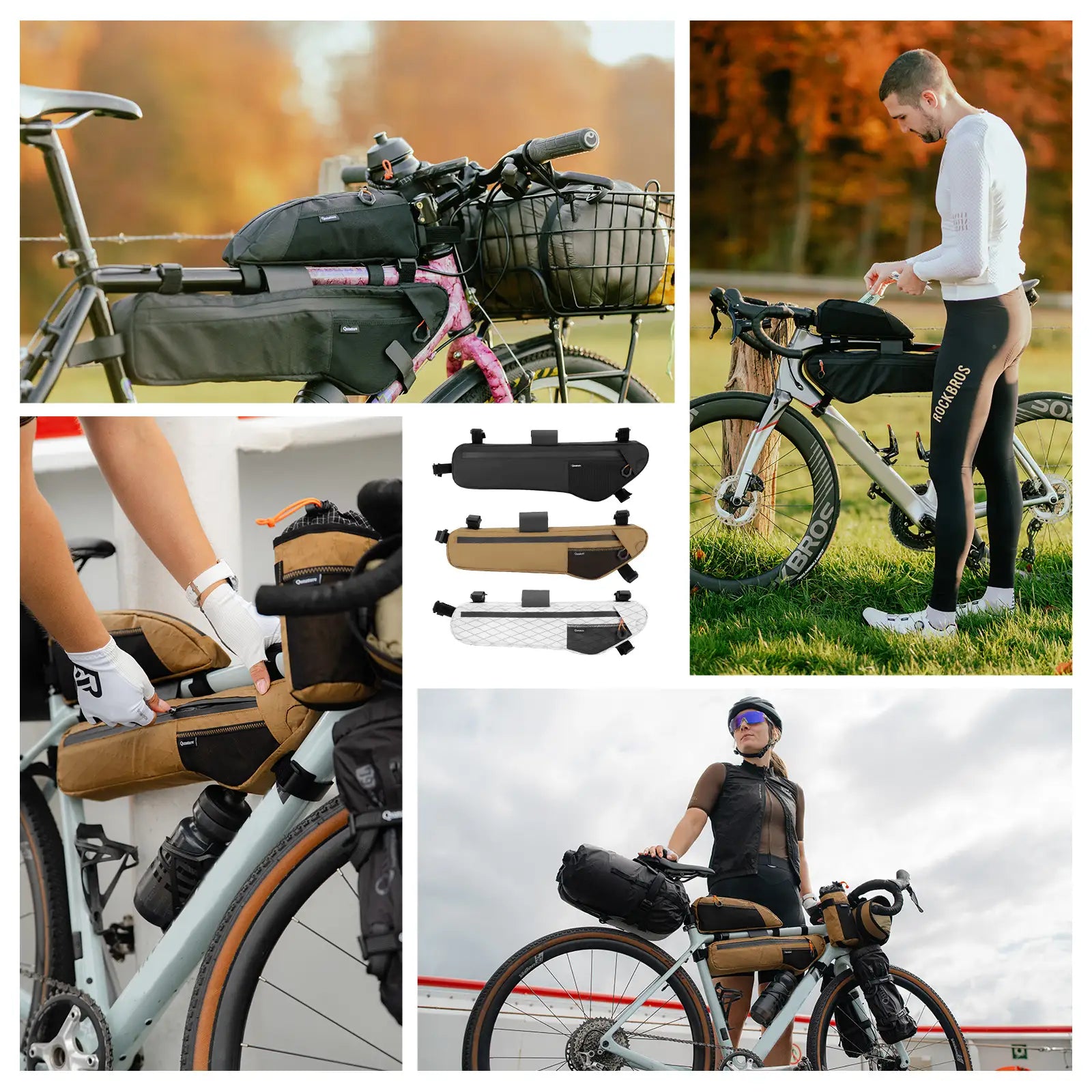 Collage of images showing bicycle gear, people with bikes, and various bike accessories.