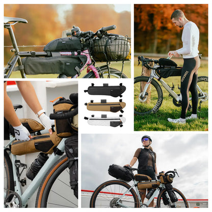 Collage of images showing bicycle gear, people with bikes, and various bike accessories.