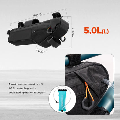 A 5.0L black down tube bike bag with lots of storage space