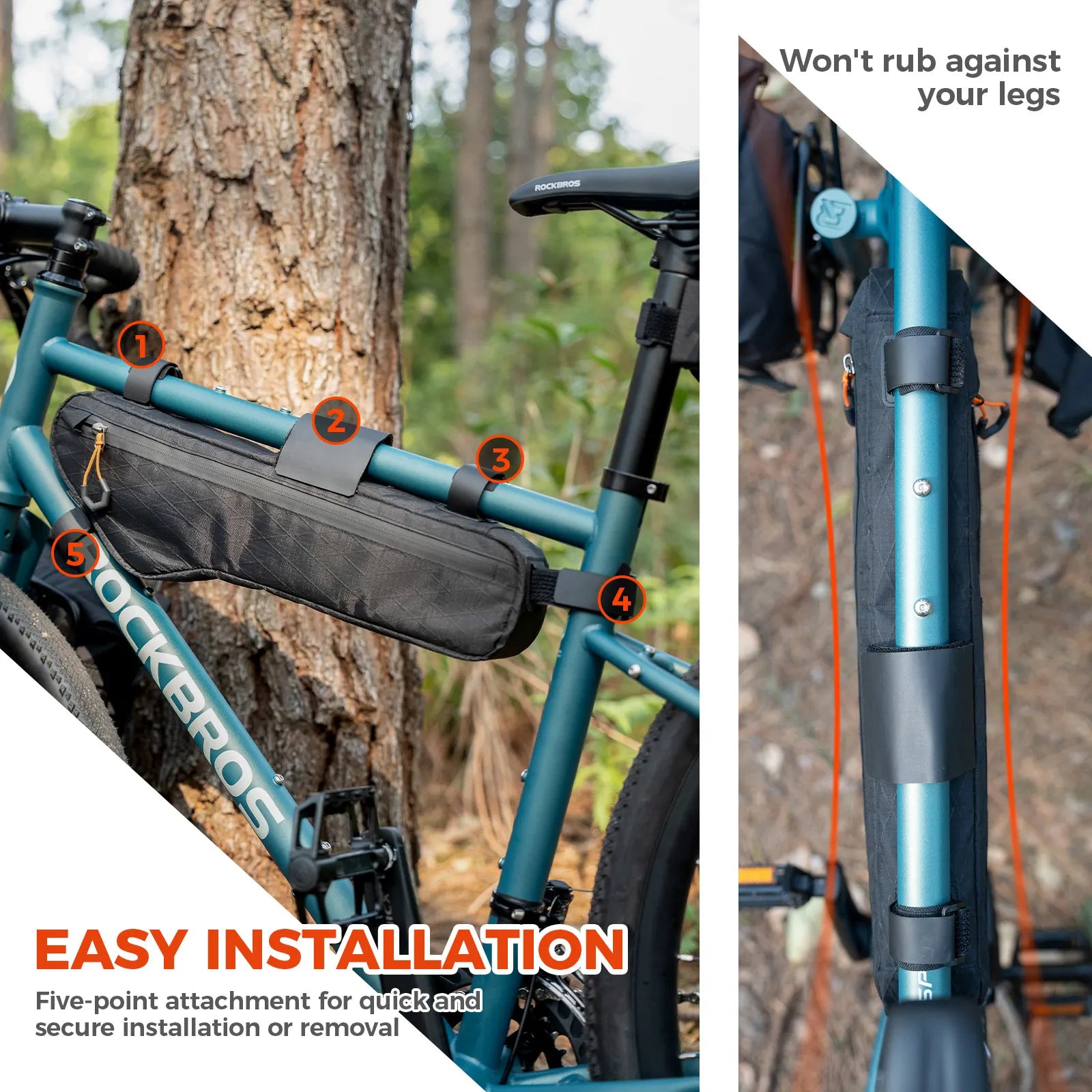 Bicycle frame bag installation on a bike with text highlighting features