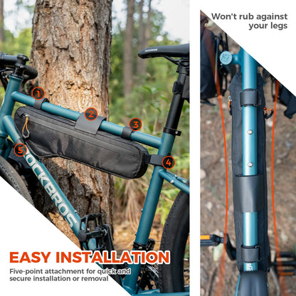 Bicycle frame bag installation on a bike with text highlighting features