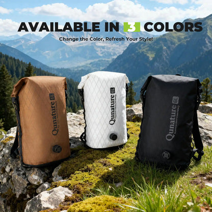 Three bags in brown, white, and black on a mountainous landscape with 'Qunature' branding.