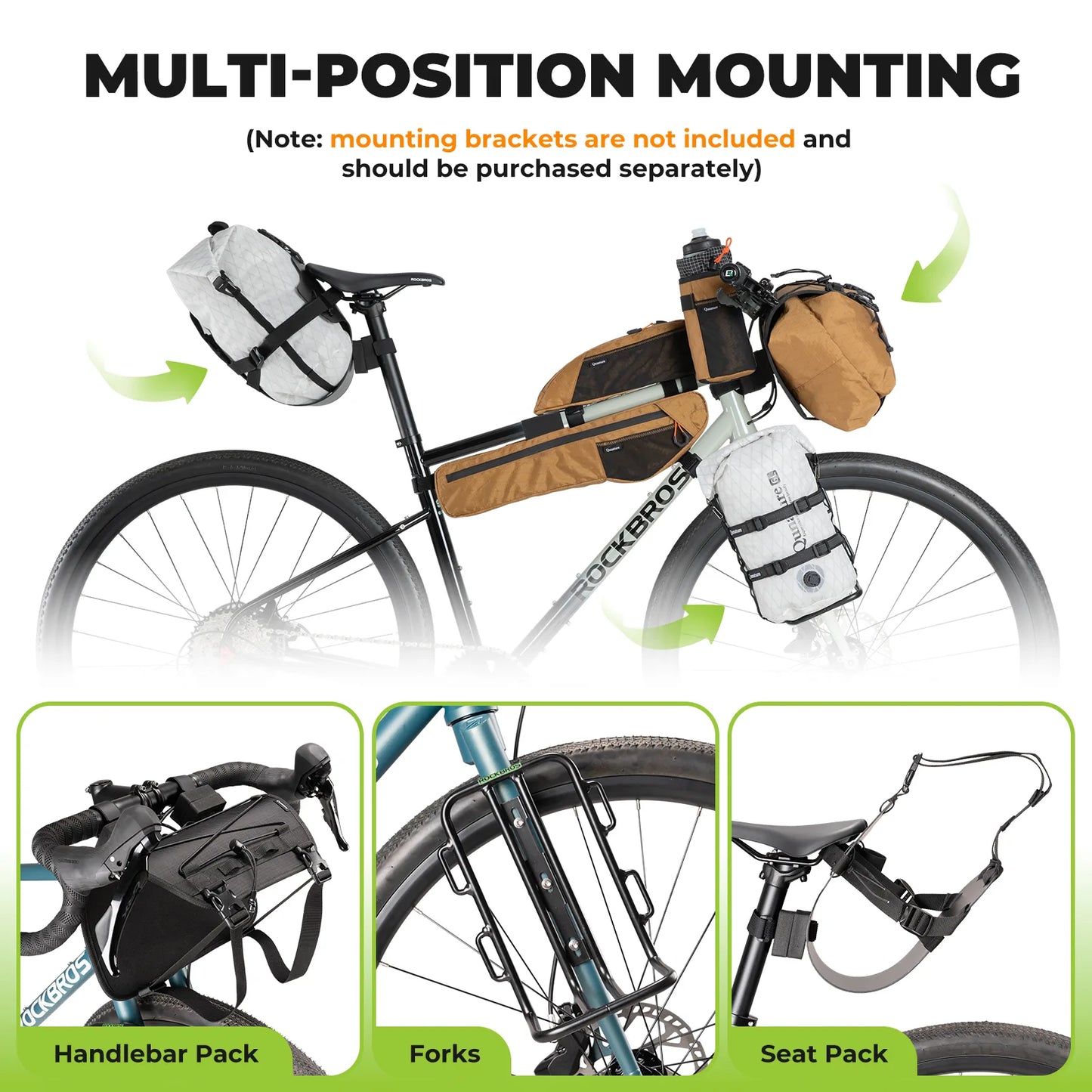 Bicycle with various bags and multi-position mounting system on a white background