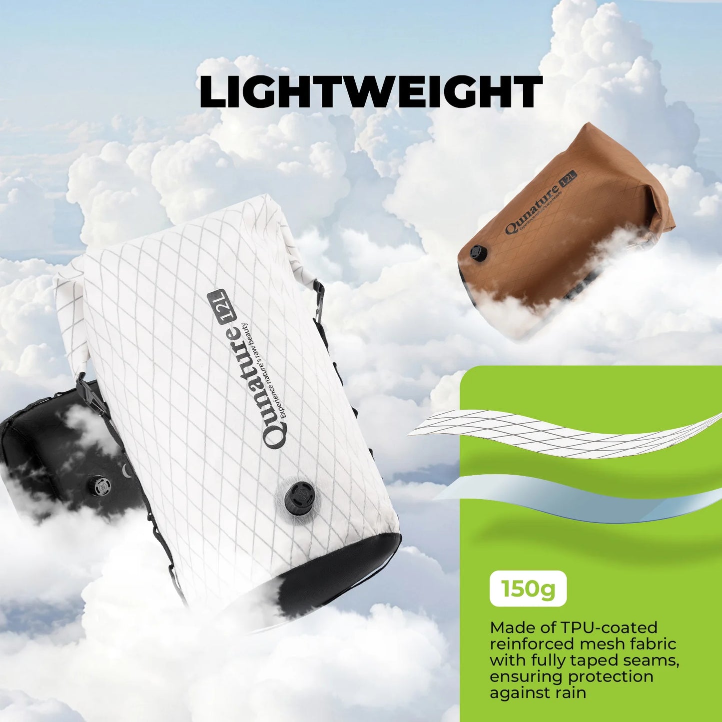 Two bags with 'Qunature' branding against a cloudy sky, featuring text about weight and material.