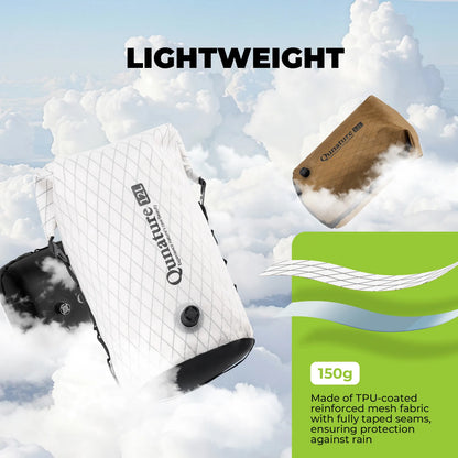 Qu nature products with cloud background and text highlighting lightweight and TPU-coated fabric.