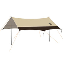 A beige and brown 3-in-1 waterproof canopy floor mat set up outdoors, designed for sun and rain protection.