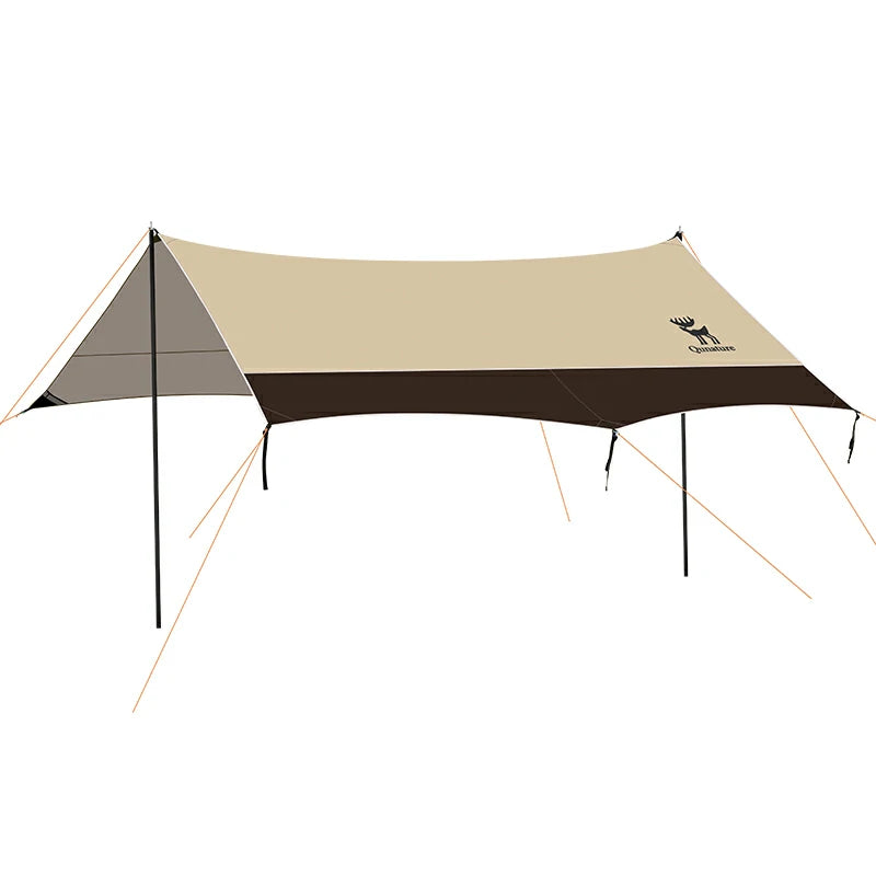 A beige and brown 3-in-1 waterproof canopy floor mat set up outdoors, designed for sun and rain protection.
