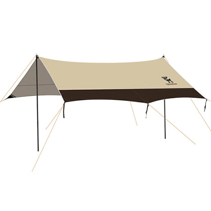 A beige and brown 3-in-1 waterproof canopy floor mat set up outdoors, designed for sun and rain protection.