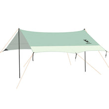 A beige and brown 3-in-1 waterproof canopy floor mat set up outdoors, designed for sun and rain protection.