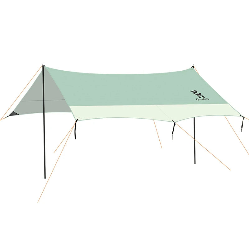 A beige and brown 3-in-1 waterproof canopy floor mat set up outdoors, designed for sun and rain protection.