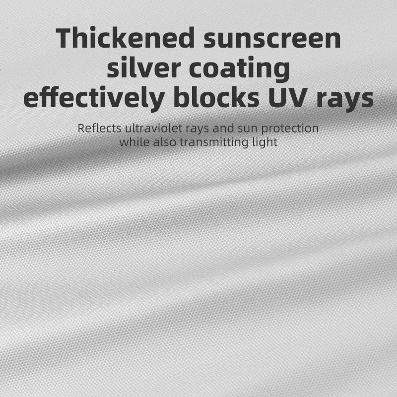 Text on a silver fabric background about thickened sunscreen with silver coating and UV ray blocking properties.