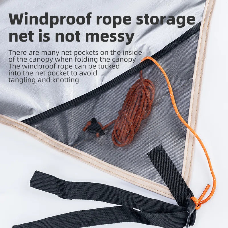 Windproof rope storage net with text explaining its functionality