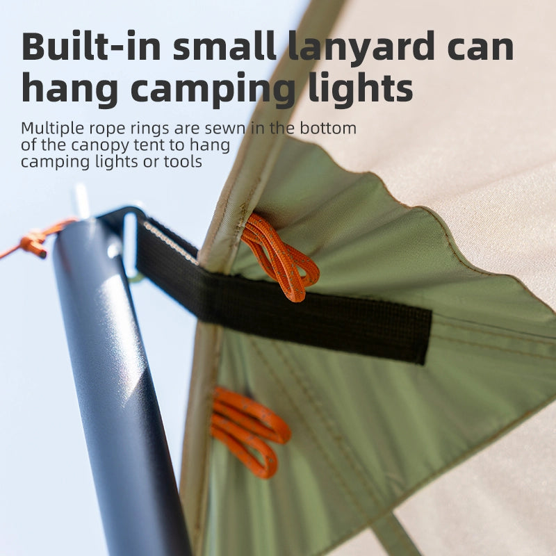 Canopy tent with built-in lanyard rings for hanging camping lights or tools.