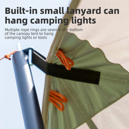 Canopy tent with built-in lanyard rings for hanging camping lights or tools.