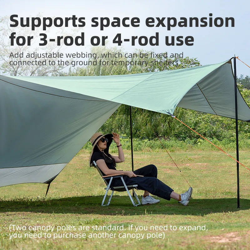 Person sitting under a large green canopy with text about space expansion for 3-rod or 4-rod use.