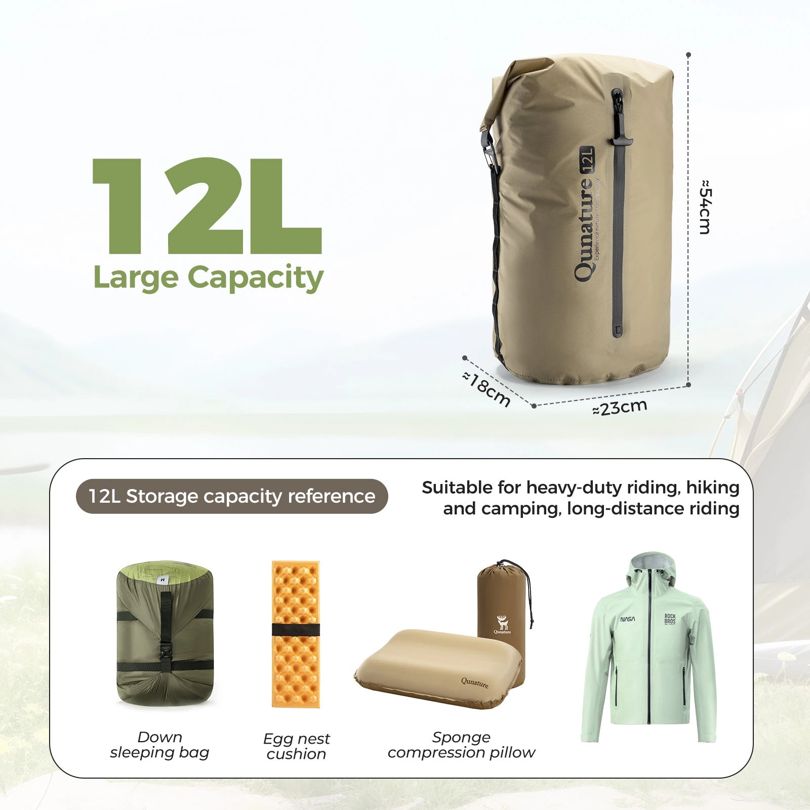 Beige backpack with dimensions and capacity details on a light green background