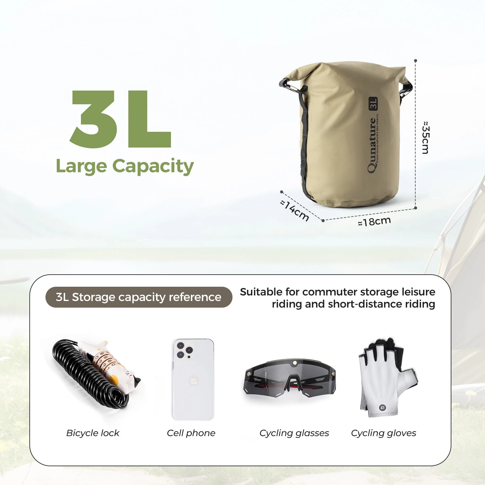 Beige backpack with dimensions and capacity details on a light green background